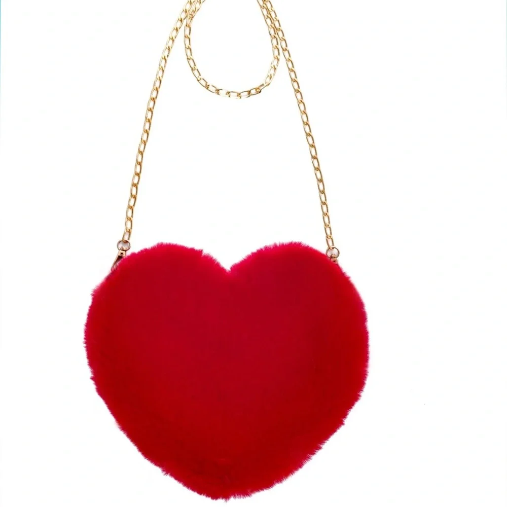Heart Shaped Fluffy Shoulder Bag Fashion Chain Crossbody Bag Cute Zipper Purse